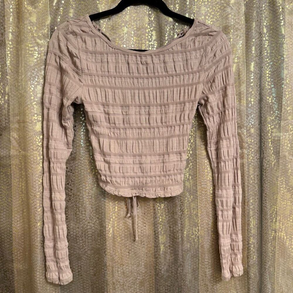 Free People Nude Tan Ruched Lace Up Back Long Sleeve Top XS
